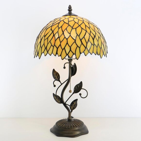 Tiffany Style Lamp Stained Glass Table Lamp w/Metal Leaf Base Yellow Wisteria - Picture 3 of 7